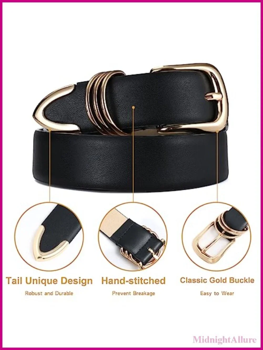 Women's Faux Leather Belt with Gold Buckle & Metal Rings